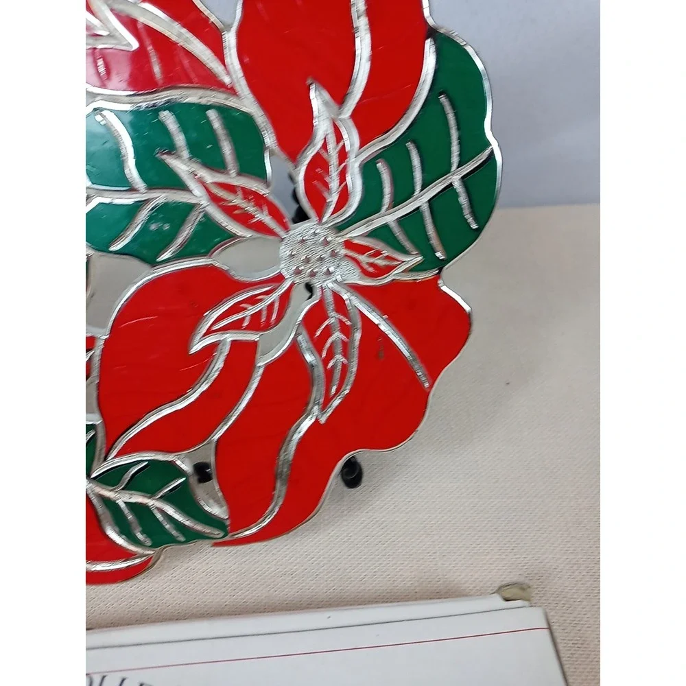 Vintage Wm A Rogers Poinsettia Trivet Silverplate & Enamel 1986 Christmas Trivet